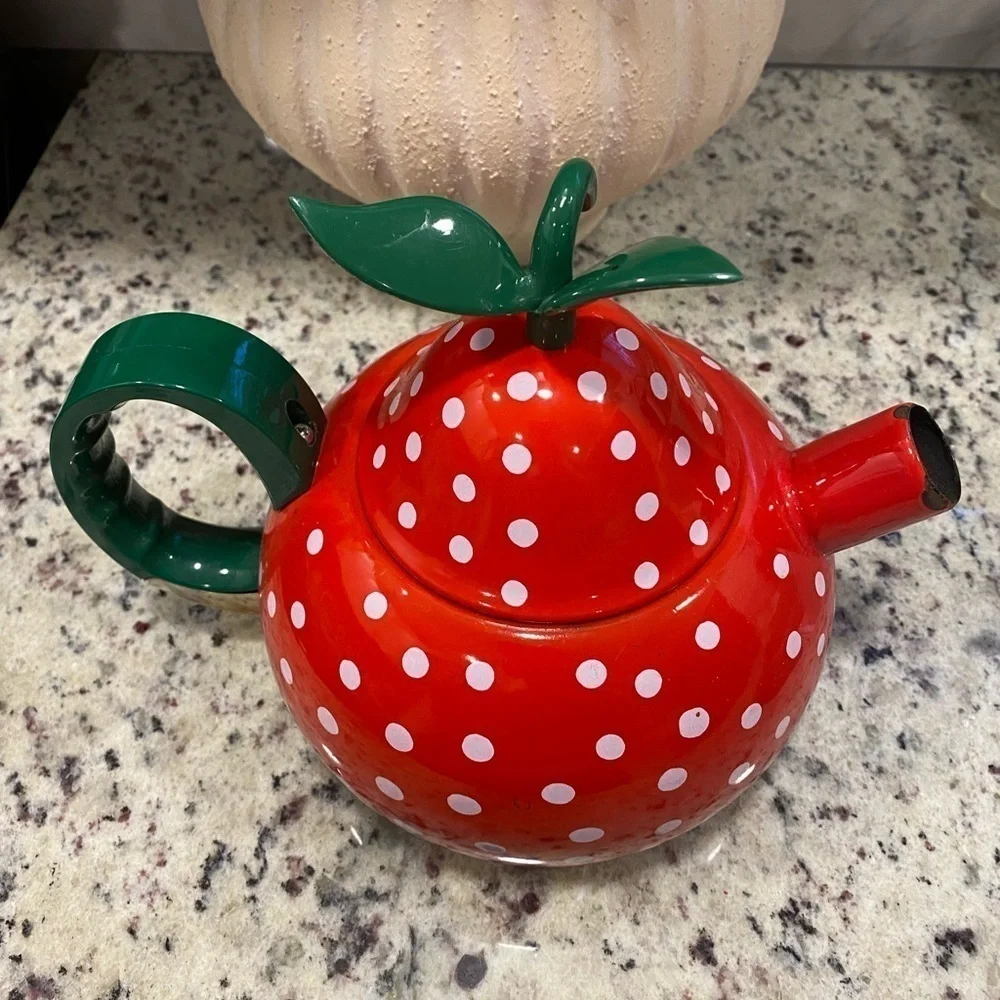 Vintage Strawberry Red Teapot with Green Handle